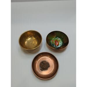 Lot Of 3 Assorted Trinket Bowls 2 Copper 1 Brass, CopperEnameled Bowl Is Signed